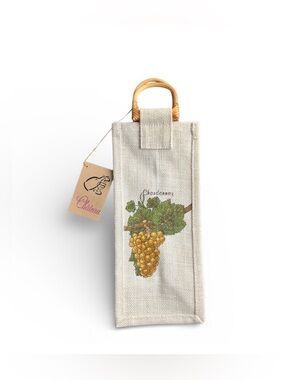 NEW Burlap Chardonnay Jute Wine Tote Grapes Vine Design Bamboo Handles India